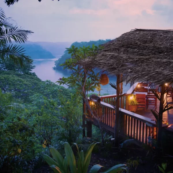 Looking over the fjords from near the deck at Tufi Resort